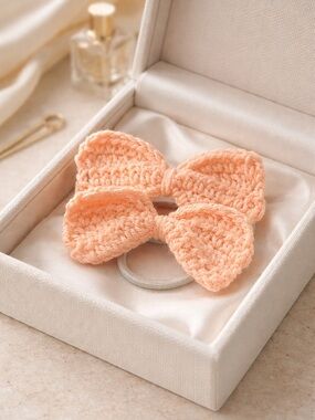 Handmade Peach Crochet Bow Hair Tie